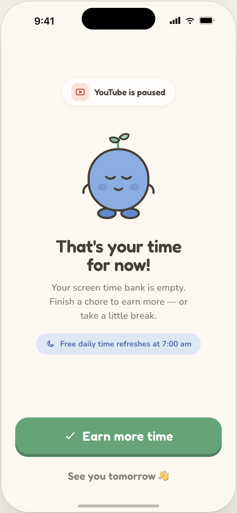 Screen showing time bank is empty