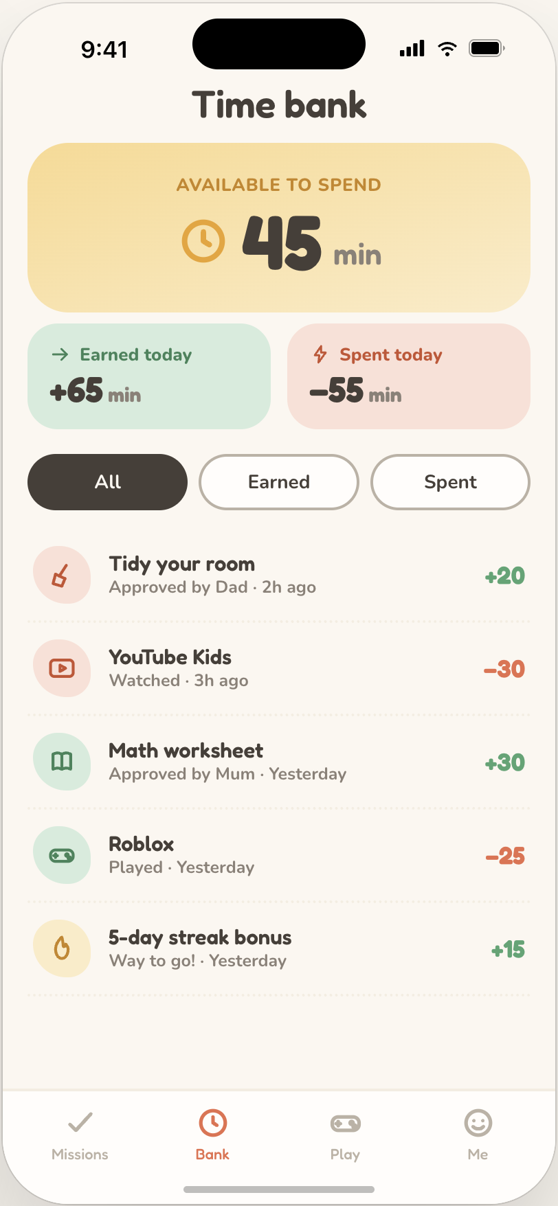 The time bank showing earned and spent minutes